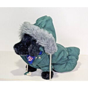 Small Dog Parka with Hood Fur Trimmed Hook & Loop Snap Close Dark Green CUTE